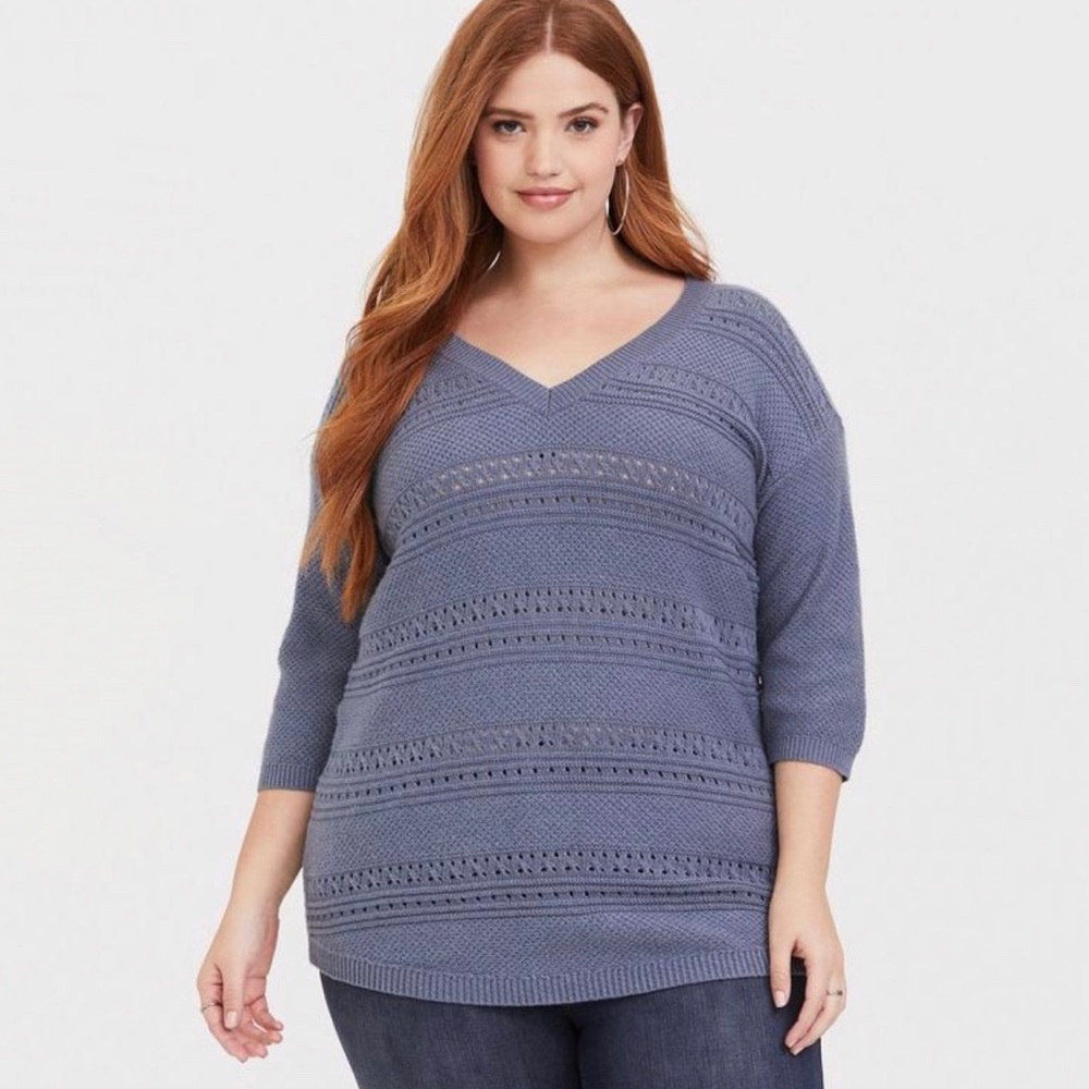 torrid Blue V-Neck Openwork Knit Sweater